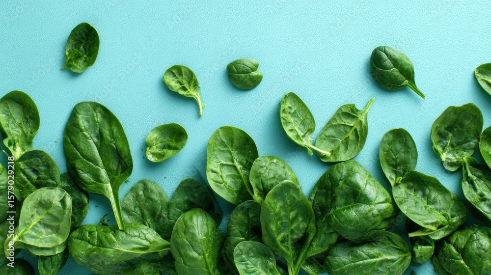 Poster fresh spinach leaves scattered on a vibrant blue surface with untouched area at the top, creating a 