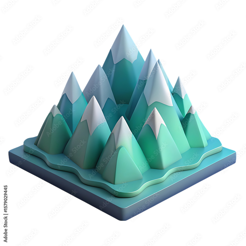 Poster stylized 3d rendering of a mountain range with snow capped peaks isolated on transparent background