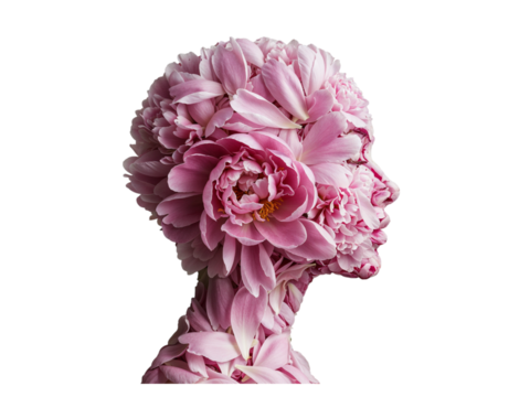 Profile silhouette of a woman s head and neck formed entirely from pink peony flowers isolated on transparent background
