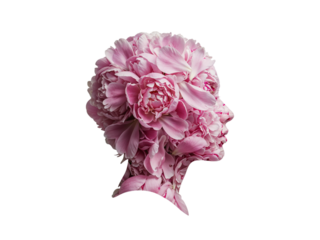 Profile silhouette of a woman s head formed from delicate pink peony flowers isolated on transparent background