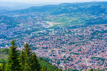 Aerial view of Sarajevo and surrounding Dinaric Alps from Mount Trebevic, Bosnia and Herzegovina