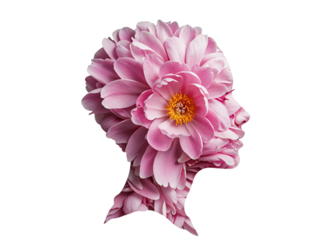 Profile silhouette of a woman made of pink peony flower petals isolated on transparent background