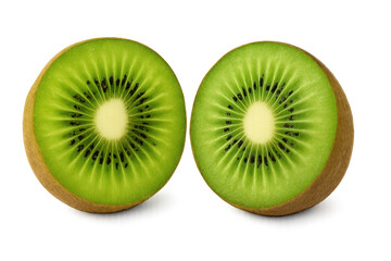 Fototapeta premium Sliced kiwi revealing vibrant green interior, clustered black seeds, positioned against clear backdrop
