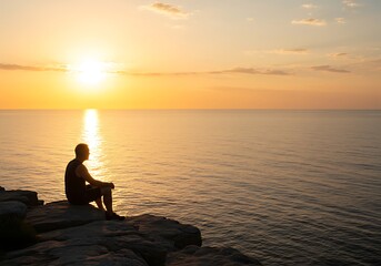 Fototapeta premium Man Contemplating Sunset Over the Water from Clifftop. Generative Ai