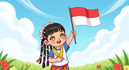 Fototapeta premium Flat illustration of Adorable female children or litle girl hold indonesian flag
