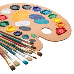 Obraz premium Watercolor Illustration Colorful Palette Brushes Acrylic Paints Background