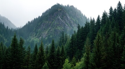 Misty mountain range with dense evergreen forest