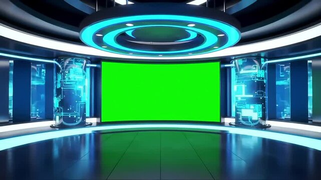 Futuristic broadcast studio environment with green screen for virtual production content