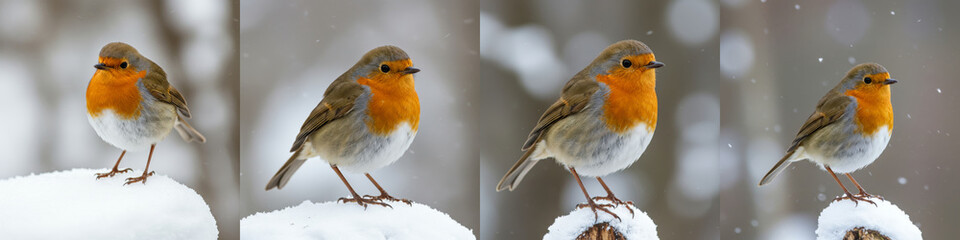 European Robin in Winter Snow - Four European Robins perched on snow-covered branches in a winter scene. Small snowflakes fall gently