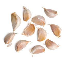 The High resolution photo of unpeeled garlic pieces.