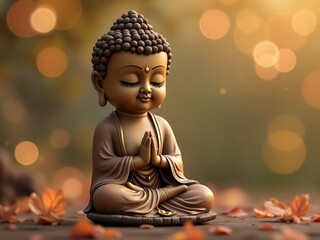 Cute little Buddha statue meditating on glowing petals in golden light