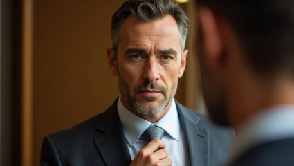 A man in a suit adjusting his tie while looking at another person in a blurred foreground view