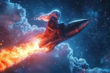 Naklejka premium A young girl with long white hair rides a rocket through a starry night sky. Bright flames trail behind the rocket amidst colorful clouds.