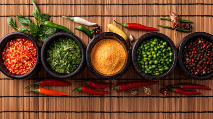 Spices and herbs arranged in bowls on bamboo mat, showcasing vibrant colors and textures, evoke sense of culinary creativity and flavor