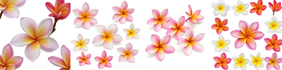Fototapeta premium Plumeria Blossom Collection - Vibrant collection of plumeria flowers in various colors and stages, perfect for tropical themes or spa/wellness designs