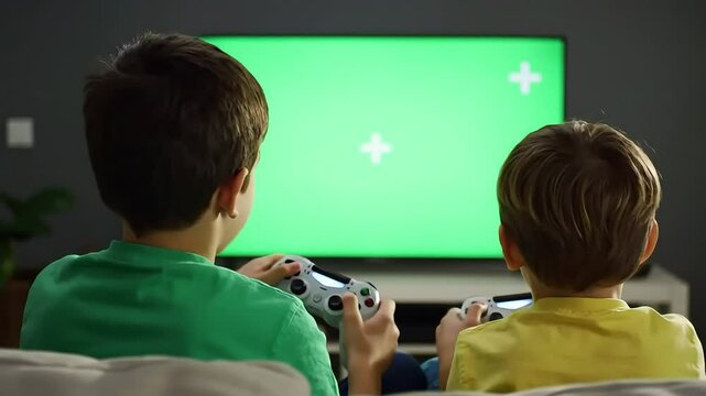 Two children playing video games on television with a green screen display