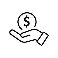 Hand holding a dollar coin line icon. Save money, salary, finance, cash concept. Logo symbol for web and mobile isolated on white background.