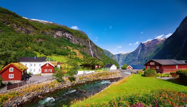 small village undredal near flam aurlandsfjord part of sognefjord norway