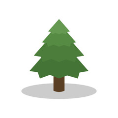 Minimalist flat illustration of a green pine tree with a brown trunk and soft shadow on a white background. Ideal for nature-themed content, environmental design, and holiday decorations.