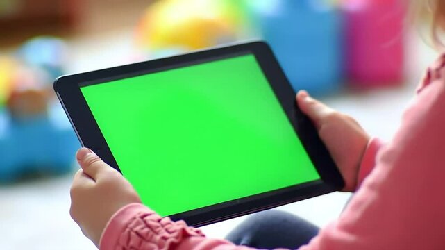 Young child holding tablet with green screen display for digital mockup