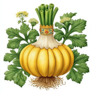 ornate yellow onion with green leaves clip art preview