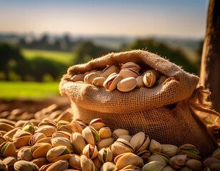 a close up view of harvested pistachios overflowing from burlap sacks on a sunny farm