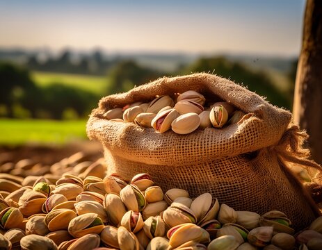 a close up view of harvested pistachios overflowing from burlap sacks on a sunny farm