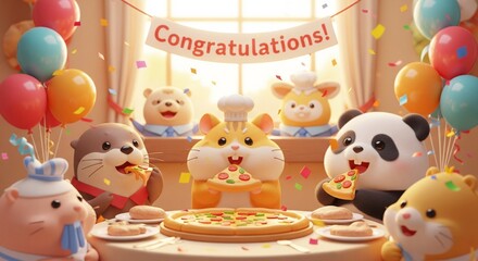 Cute 3D Animals Pizza Party Celebrating Business Success | Whimsical Teamwork & Achievement Illustration