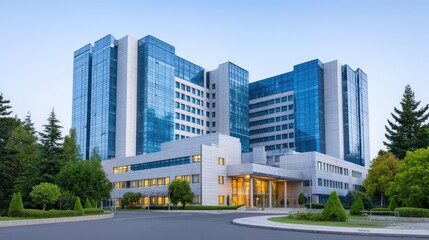 Modern Hospital Building with Glass Facade Surrounded by Green Landscaping in a Clear Blue Sky