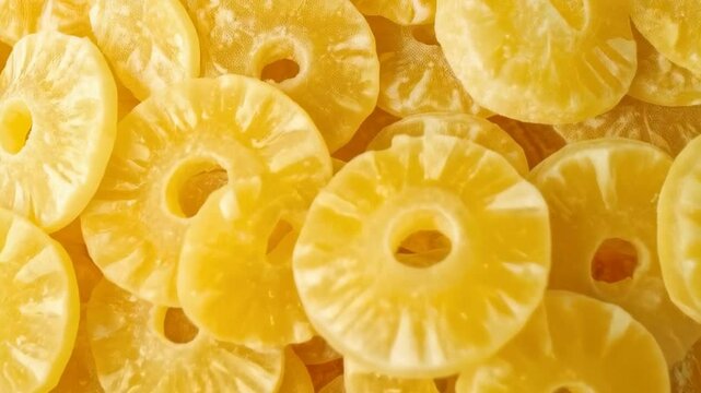 Close-up of many candied pineapple slices, yellow fruit rings with sweet, bright color, and circular shape with a hole in the middle.