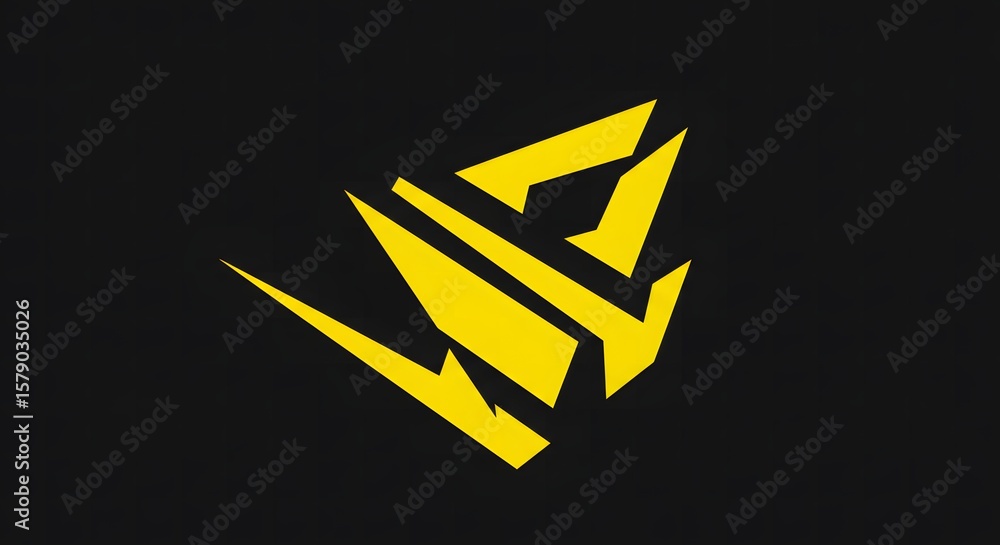 Poster modern abstract geometric yellow symbol with sharp edges and dynamic movement on dark background