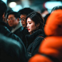 Fototapeta premium Young woman among a crowd of people on a city street at night