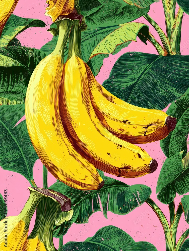 Aufkleber bright seamless pattern featuring bananas and lush green leaves with an empty upper zone for added d