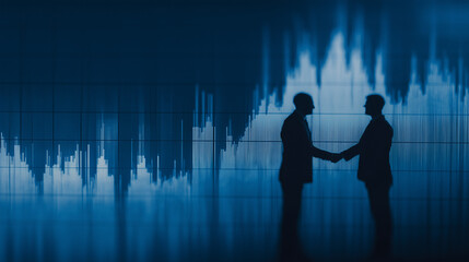 ​​Silhouetted Businessmen Shaking Hands in Front of Blue Candlestick Stock Market Chart​​