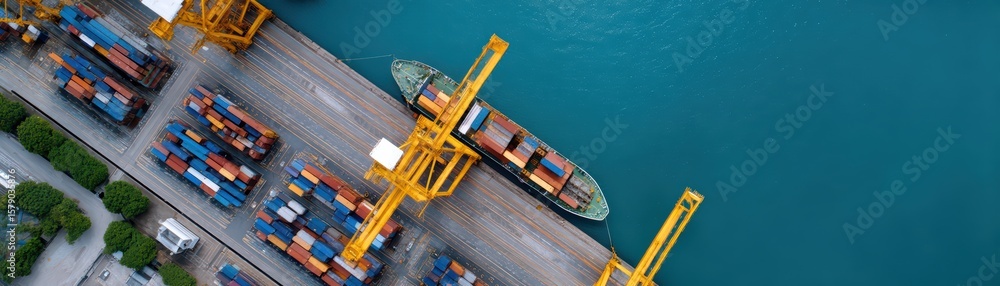 Poster aerial view of container ship docked at port with cranes and colorful cargo boxes