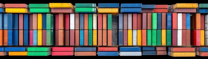 Fototapeta premium Colorful Stacked Shipping Containers in a Horizontal Arrangement Against a Black Background