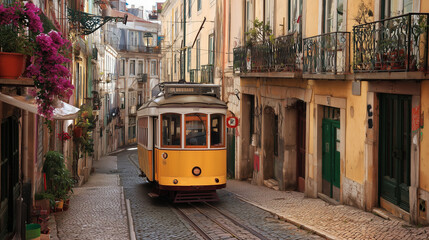 Lisbon tram on steep cobbled street