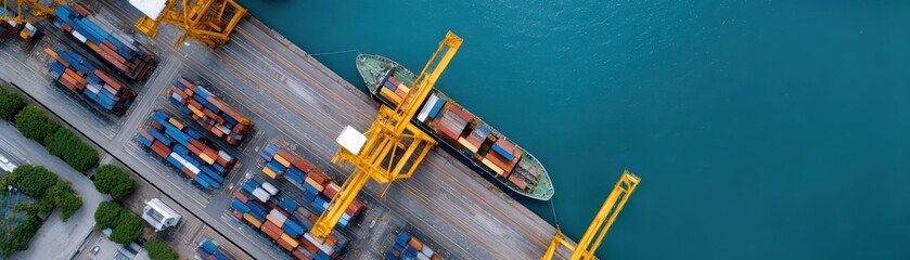 Aerial View of Container Ship Docked at Port with Cranes and Colorful Cargo Boxes