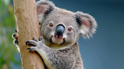 Obraz premium Cute koala clings to tree trunk, showcasing its fluffy fur and curious expression in natural setting