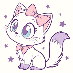 Sweet Cartoon Cat with Blue Eyes and Pink Bows – Kawaii Girly Vector Character