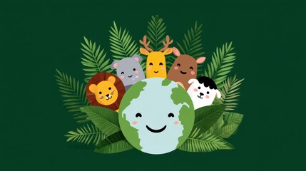 Fototapeta premium Cute Cartoon Animals Surrounding a Smiling Earth with Green Leaves on a Solid Background