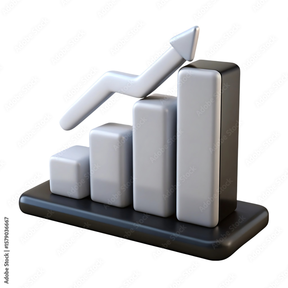 Poster 3d bar chart with upward arrow showing growth and positive trend isolated on transparent background