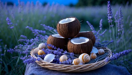 Coconut Halves with Lavender and Shells in Basket