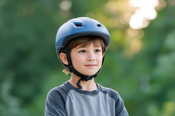 Young Boy Wearing Blue Helmet with Confidence and Happiness in Outdoor Setting Surrounded by Nature