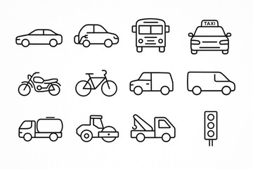 Explore a diverse set of transportation icons featuring cars, bikes, and trucks. Perfect for travel apps, logistics websites, and urban design projects. High-quality vector art with a minimalist, mode