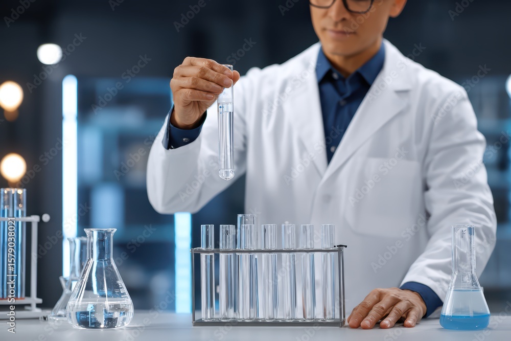 Poster scientist conducting experiment with test tubes and chemicals in modern laboratory setting