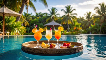 Tropical cocktails on a floating tray in a pool create a perfect paradise vibe in a lush, sunny setting.
