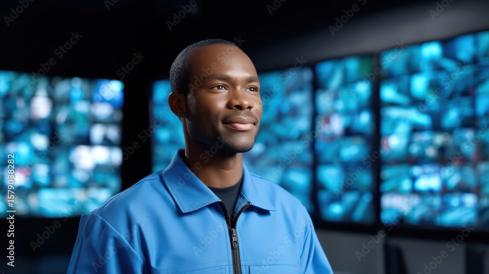 Poster young man in modern control room with multiple screens showing data and information in a high-tech e