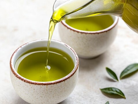 freshly brewed green tea served in ceramic cups, japanese green tea