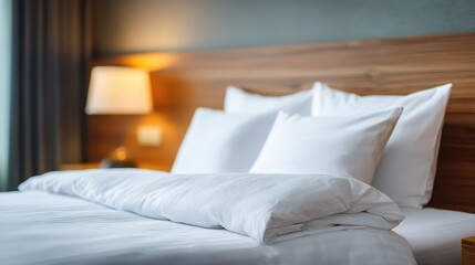 Cozy and Inviting Hotel Room with Plush White Pillows and Soft Bedding for a Relaxing Experience